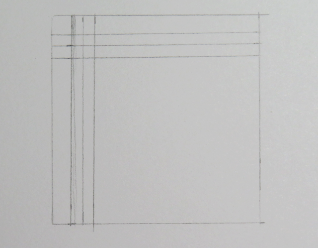 Dibujo de tres líneas horizontales dentro del cuadrado cruzándose con las verticales