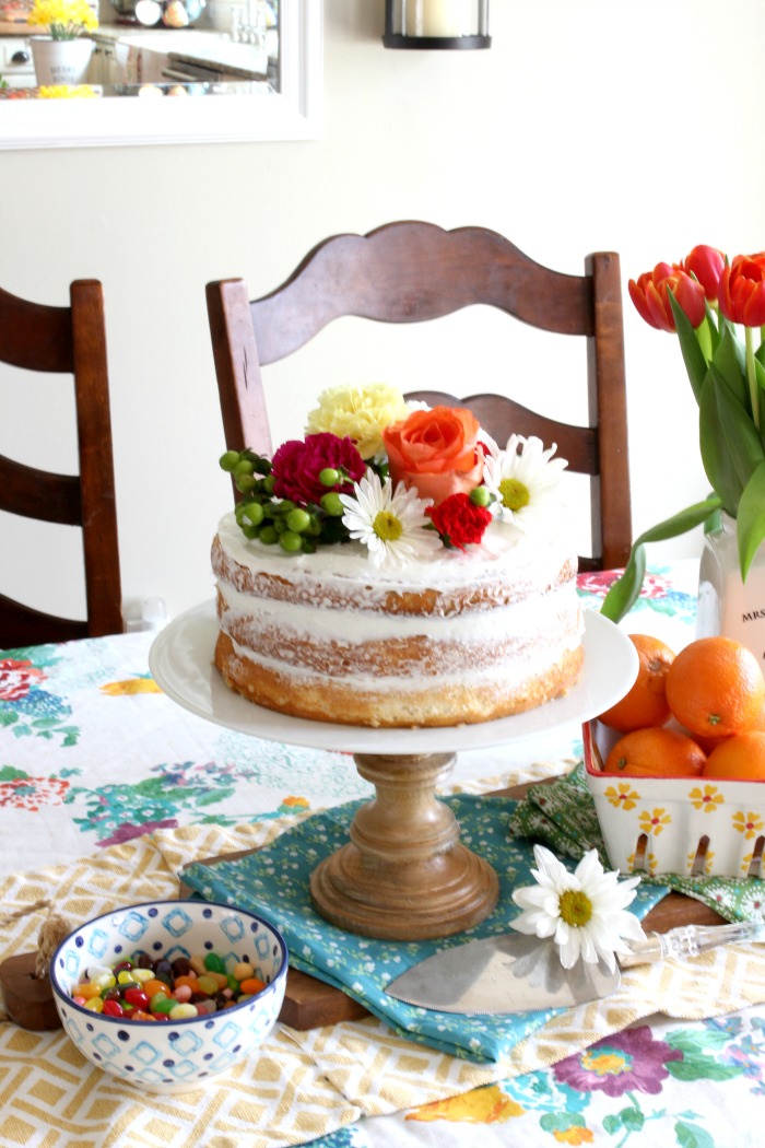 Easy Naked Cake Made Using Boxed Cake Mix & Grocery Store Flowers - www.goldenboysandme.com
