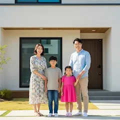 행복한 가족이 새 집 앞에서 미소 짓는 모습