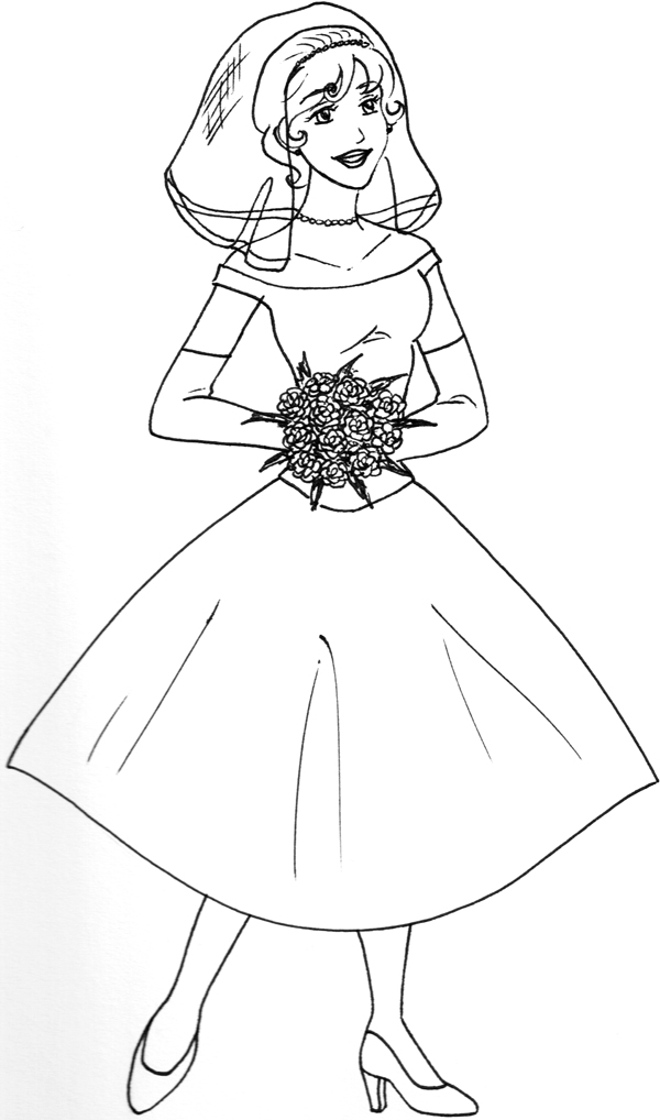 Here 39s a simple drawing of a bride with a 1960 39s influenced wedding dress