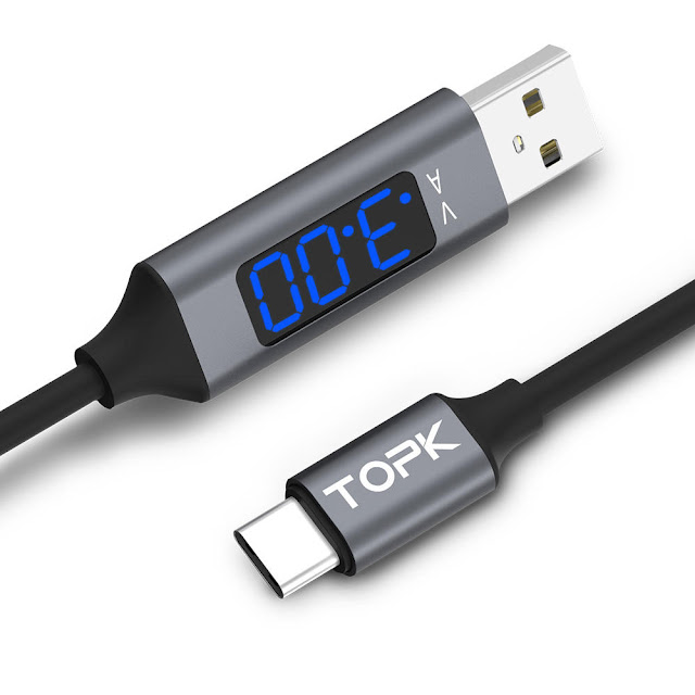 TOPK 3A Type C LCD Display Fast Charging Data Cable 3.28ft/1m for Xiaomi Mi A2 Pocophone F1