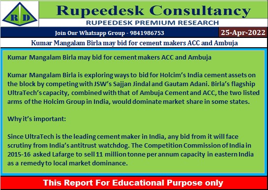 Kumar Mangalam Birla may bid for cement makers ACC and Ambuja - Rupeedesk Reports - 25.04.2022