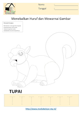 Lembar Kerja Paud Menebalkan Huruf T dan Mewarnai Gambar Tupai