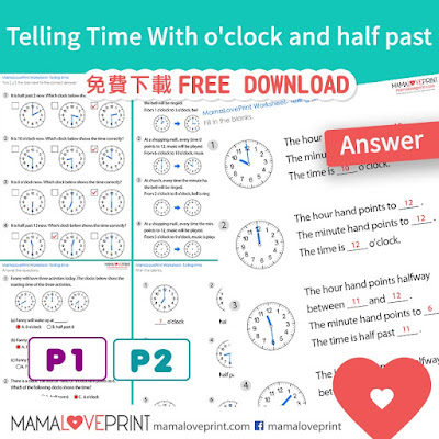 MamaLovePrint . Grade 1 Math Worksheets . Telling Time With o'clock and half past . Learning Time PDF Free Download (With Answer)