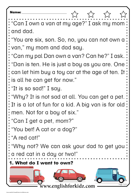 Easy reading comprehension for grade 2 and grade 3 - printable ESL worksheets