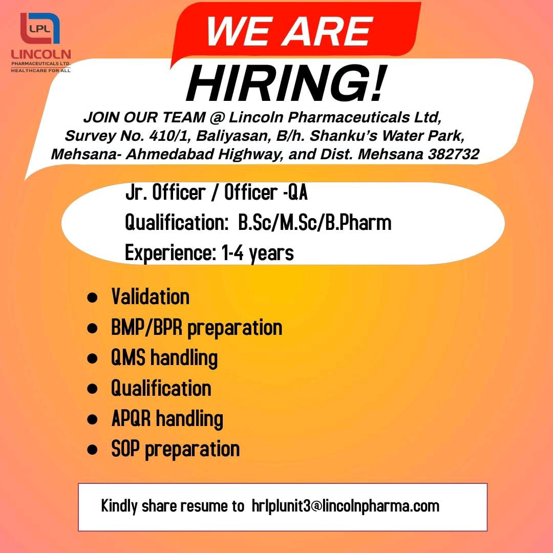 Job Available's for Lincoln Pharmaceuticals Ltd Job Vacancy for BSc/ MSc/ B Pharm