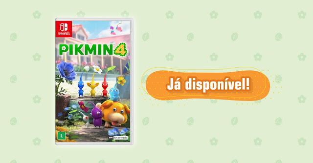 Arte da caixa nacional de Pikmin 4 e o escrito "Já disponível!"