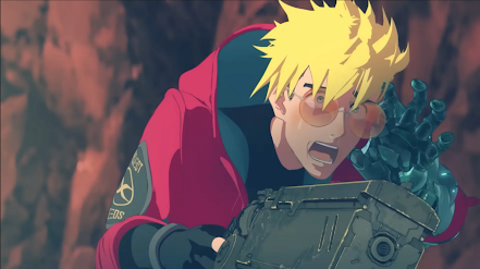 A blonde haired individual with sunglasses and a red jacket looking very distraught, putting a mechanical hand to an ear as if a loud explosion occured. He also is holding a large gun.