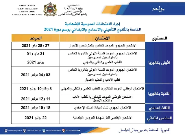 مواعد إجراء الامتحانات المدرسية الإشهادية الخاصة بالثانوي التأهيلي و الإعدادي و الابتدائي برسم دورة 2021