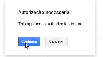 Autorizar app de planilha do Google Docs/Drive. Tela 1