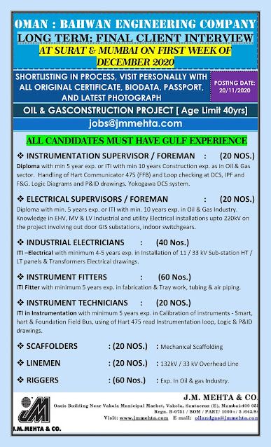 Oman Jobs, Oil & Gas Jobs, Instrumentation Jobs, Instrumentation Supervisor, Instrumentation Foreman, Electrical Foreman, Electrical Supervisor