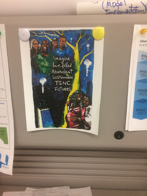 TGNC (transgender non conforming) poster by Micah Bazant, posted in a cubicle at work. Image of black transgender and gender non-conforming people. Text says "Imagine love-filled abundant sustainable TGNC futures".