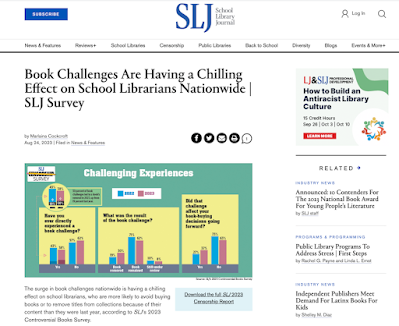 screen shot of the School Library Journal article, "Book Challenges Are Having a Chilling Effect on School Librarians Nationwide | SLJ Survey"