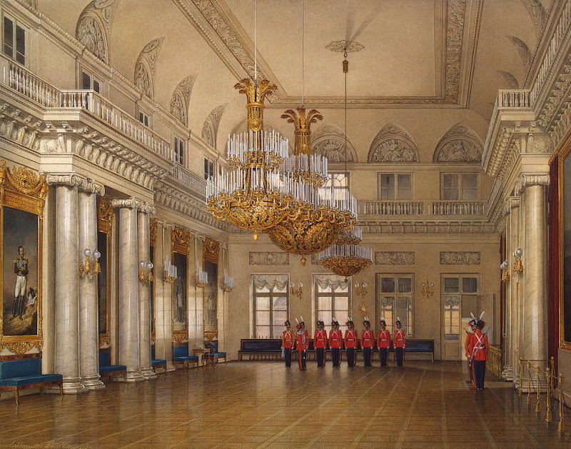 Interiors of the Winter Palace. The Large Fieldmarshal's Hall by Edward Petrovich Hau - Interiors, Architecture Drawings from Hermitage Museum