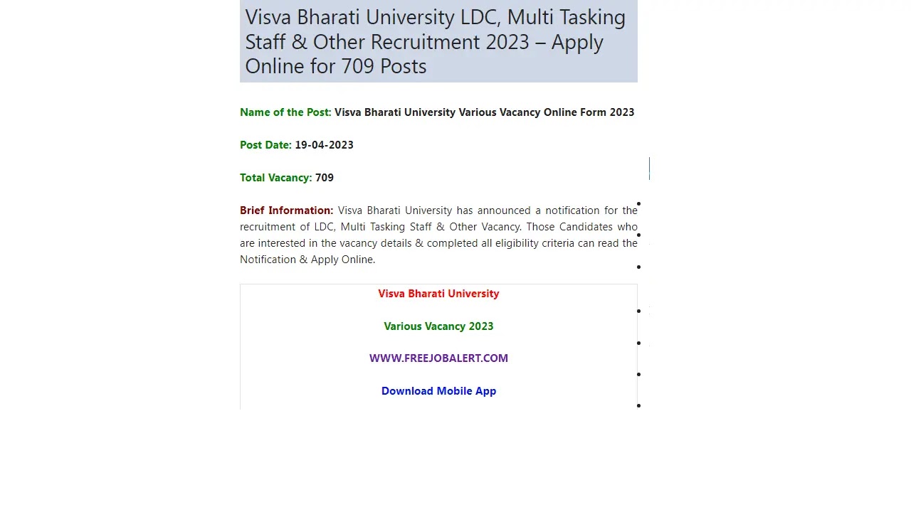Visva Bharati University LDC, Multi Tasking Staff & Other Recruitment Apply Online for 709 Posts Age Limit, Last Date and Apply Process