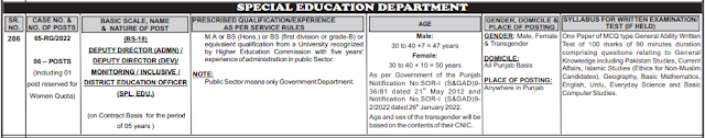 Special Education Department Punjab Jobs 2023 – Deputy Director