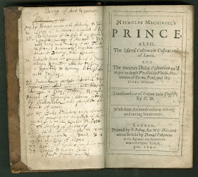 A title page for "The Prince," with extensive handwritten notes on the opposite page.