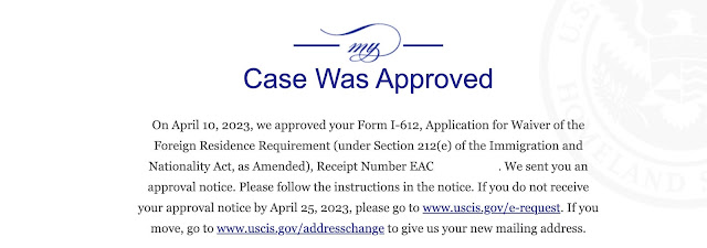 screenshot of J-1 waiver status page, showing case approval by USCIS