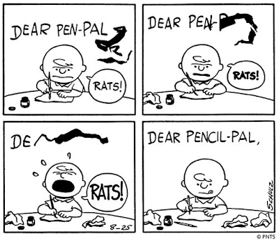 Charlie Brown tries to write with pen to his pen-pal, many messy failed attempts. Finally writes 'dear pencil-pal' in pencil.