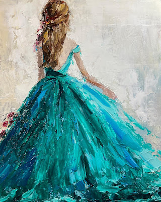 Lady in blue dress painting with her back turned away