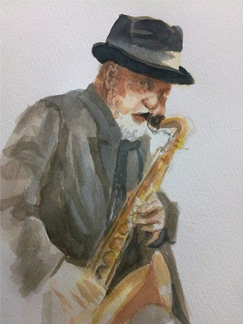 saxofonista en acuarela