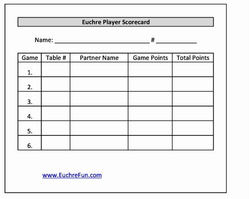 Euchre Tournament Score Cards for 20 people