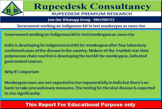 Government working on indigenous kit to test monkeypox as cases rise - Rupeedesk Reports - 26.07.2022