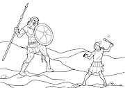 Dibujo para colorear de David peleando con Golia