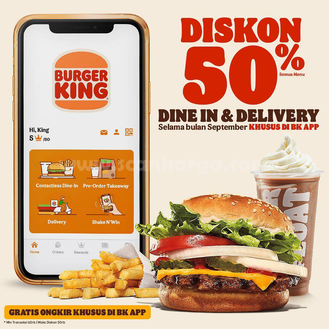 BURGER KING Promo DISKON 50% + GRATIS ONGKIR khusus via BK Apps