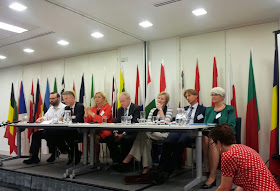 Pic of panel discussion with European flags behind