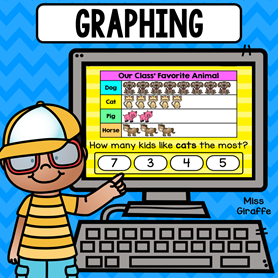 Picture graphs game kids can play on a computer or tablet to practice data analysis in kindergarten or first grade by answering questions about the graph