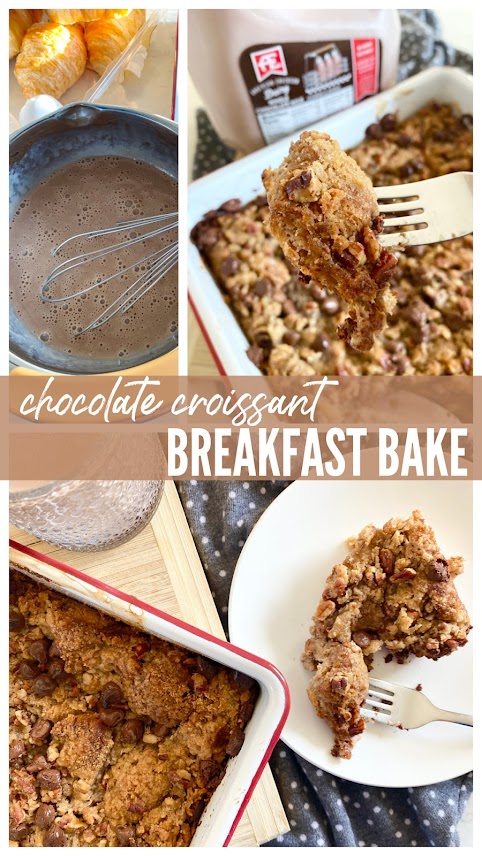 Collage of chocolate breakfast bake....chocolate milk, croissants baked together in a pan, with a serving on a white plate.