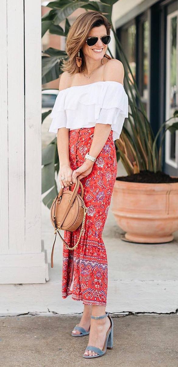 what to wear with a round bag : white off sholder top + heels + printed maxi skirt
