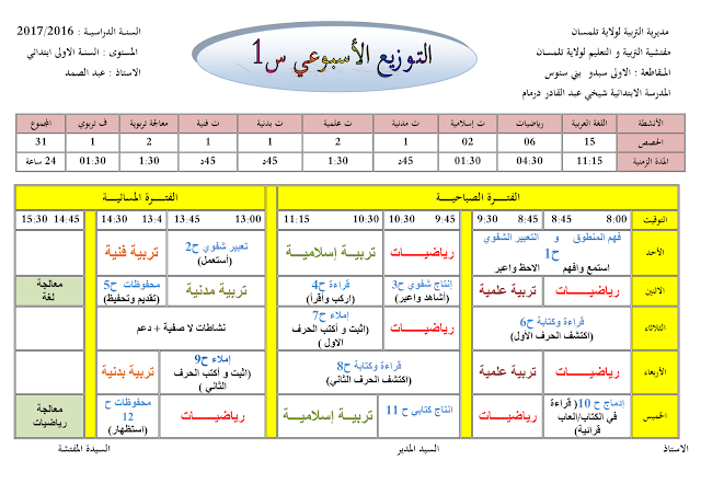 التوزيع الأسبوعي للسنة الأولى ابتدائي الجيل الثاني 2019