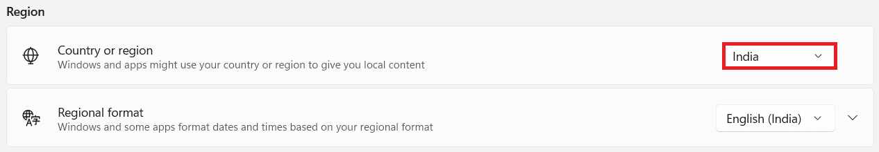 Sección Región en Configuración de idioma y región