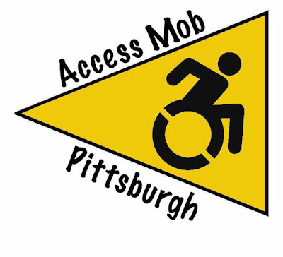 Image: The handicap symbol in black inside a gold triangle, with "Access Mob" written on top and "Pittsburgh" underneath.