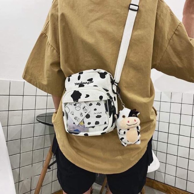 SP Mới - Túi Bò Sữa - Túi Vải đeo chéo Canvas Nam Nữ Phong cách Hàn Quốc in bò sữa trong suốt bóng kính - Sp sẵn