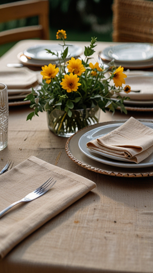 A dining table set with linen tablecloths and napkins, ready for a summer gathering.