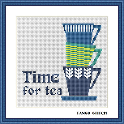 Time for tea cross stitch pattern Tea cups set kitchen embroidery design - Tango Stitch