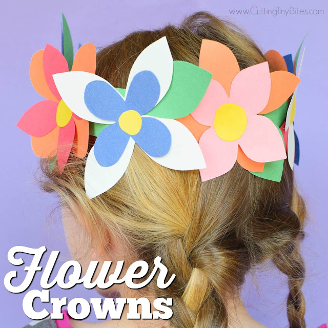 Flower Crowns- great easy spring craft for preschool, kindergarten, or elementary kids. Work on fine motor skills while making pretty flower crowns with just a few simple materials!