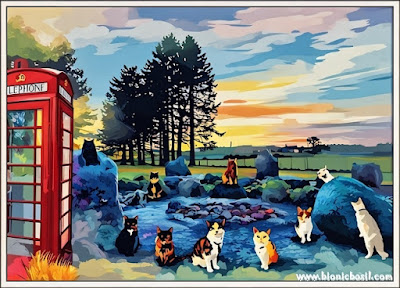 AI ART EFFECT. Basil and The B Team visits the ancient Cullerlie Standing Stones in Scotland, with ten cats of various colours perched among the Bronze Age stone circle. A classic red British telephone box adds a whimsical touch to the historic setting, while the golden sunset and surrounding trees create a magical, serene atmosphere. Perfect for cat lovers, pet bloggers, and fans of ancient landmarks and feline adventures. Featured on www.bionicbasil.com - Puzzle.