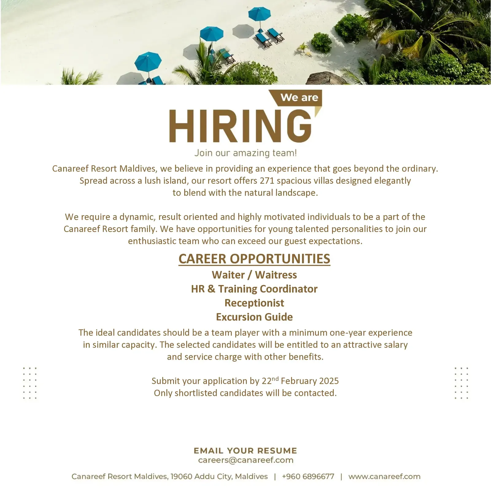 image of Career Opportunities at Canareef Resort Maldives job advert