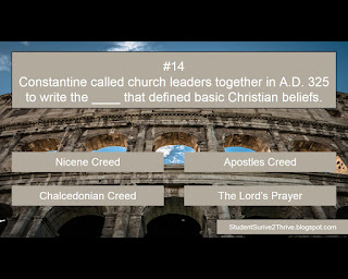 Constantine called church leaders together in A.D. 325 to write the ____ that defined basic Christian beliefs. Answer choices include the Nicene Creed, Apostles Creed, Chalcedonian Creed, The Lord's Prayer