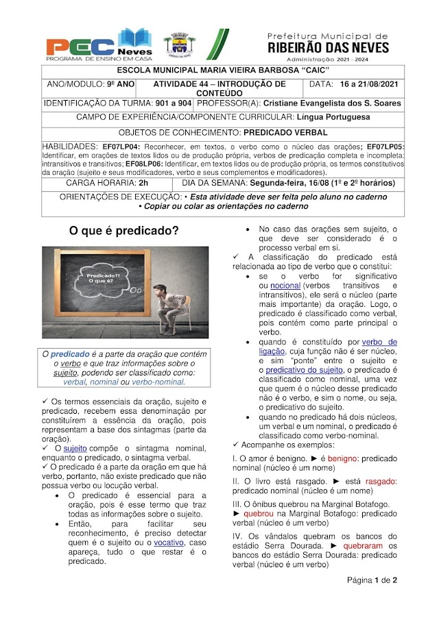 LÍNGUA PORTUGUESA - PROFª. CRISTIANE EVANGELISTA - ATIVIDADE 44 - INTRODUÇÃO DE CONTEÚDO - 901 a 904 (16/08 a 21/08/2021)