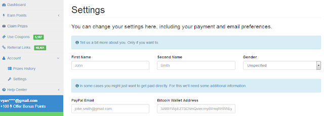 PointsPrizes settings