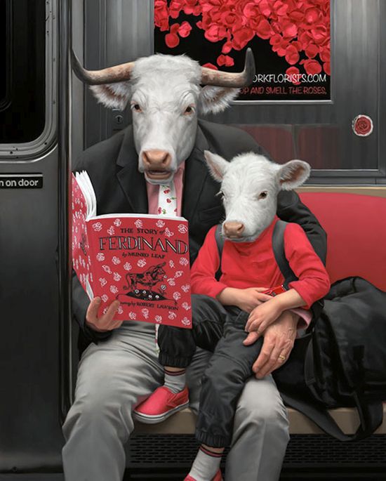 Matthew Grabelsky arte pinturas óleo surreais animais antropomórficos metrô nova york foto realismo