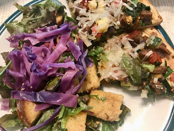 Easy Vegan Pizza with Banza Chickpea Pizza Crust, with Cooked Red Cabbage and Panzanella Salad