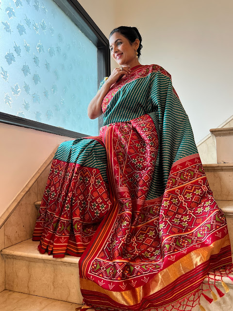 Digital patola silk saree. Green and red