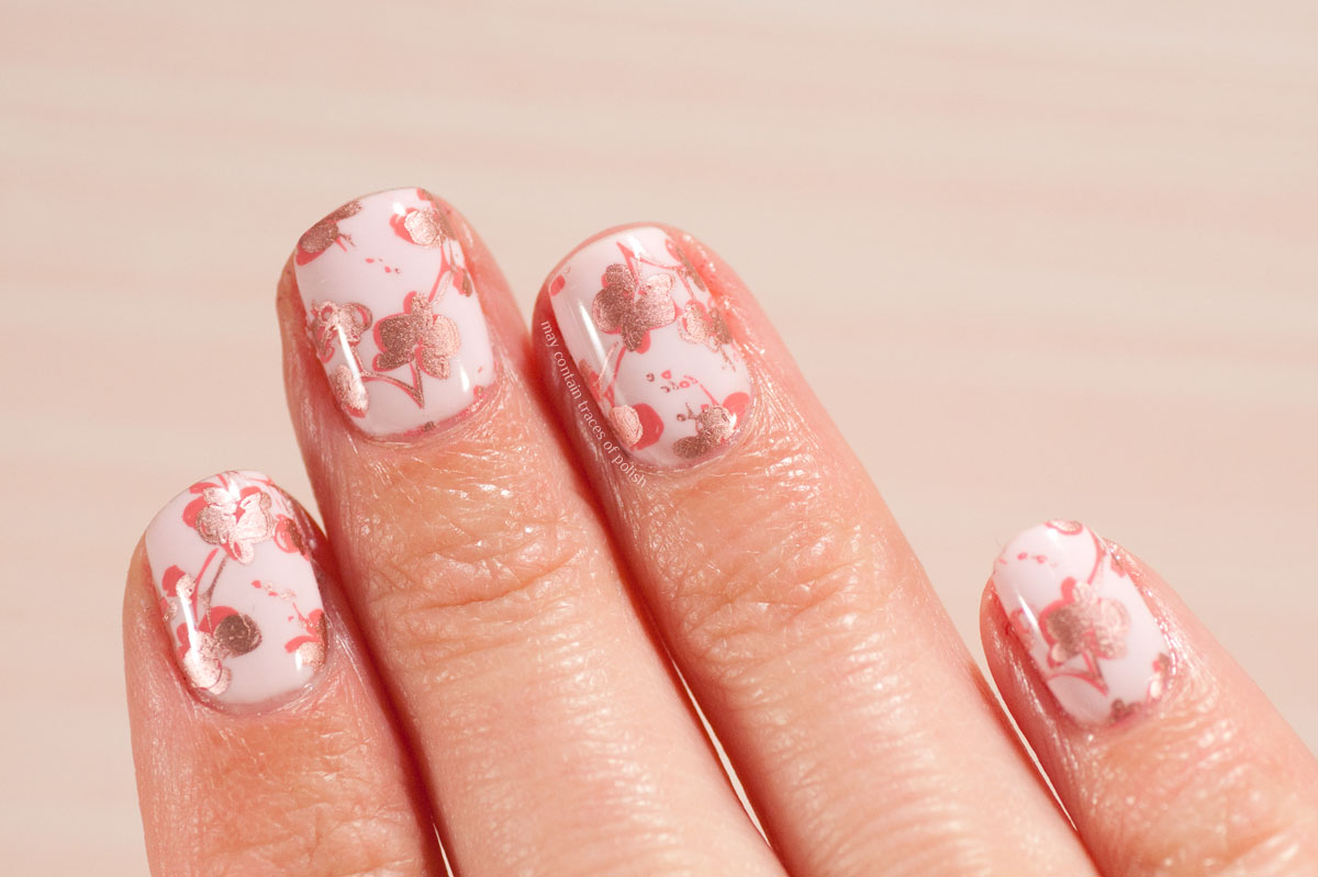 Double stamped pink nail art design