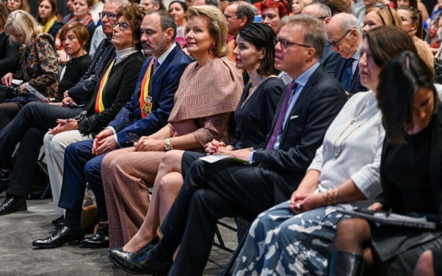 Queen Mathilde wore a pink checked plaid top by Natan and pink checked plaid pants by Natan at La Sucrerie Cultural Hall